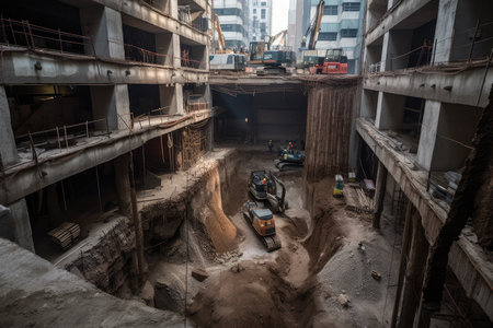 ground collapse during construction project, revealing the subterranean world underneath, created with generative aiの素材