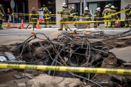 close-up of sinkhole, with ropes and safety gear for rescue workers visible, created with generative aiの素材