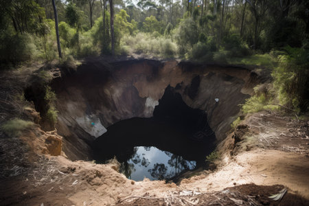extremely deep sinkhole, with visible sunlight at the bottom, created with generative aiの素材