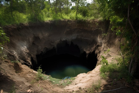 extremely deep sinkhole, with visible sunlight at the bottom, created with generative aiの素材