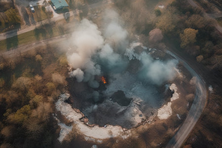 aerial view of sinkhole with smoke rising from the hole, caused by underground fire, created with generative aiの素材