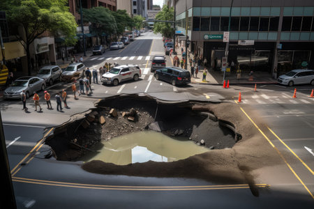 sinkhole opening in the middle of a busy intersection, with cars stopped and drivers running for safety, created with generative aiの素材