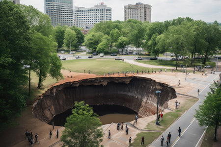 sinkhole in a park, with people enjoying the view and nature, created with generative aiの素材