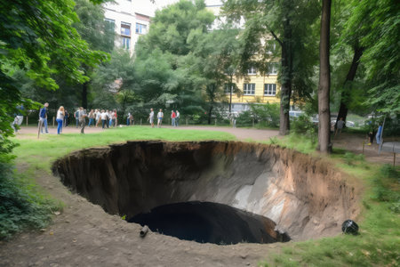 sinkhole in a park, with people enjoying the view and nature, created with generative aiの素材