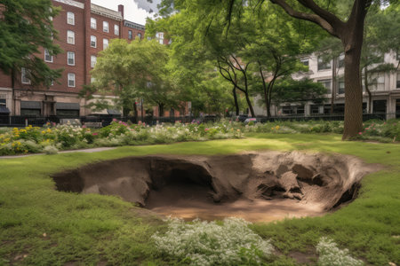 series of sinkholes in a city park, with trees and flowers growing around them, created with generative aiの素材