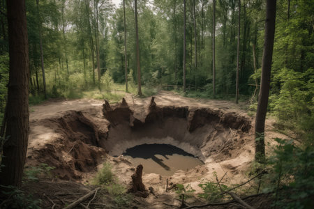 sinkhole in forest with trees and wildlife visible, created with generative aiの素材