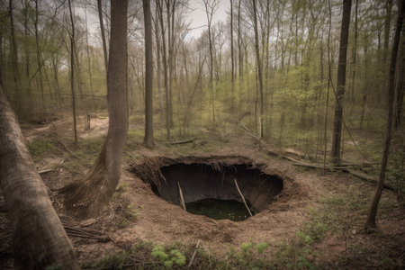 sinkhole in forest with trees and wildlife visible, created with generative aiの素材