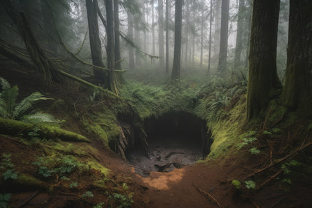 gloomy and misty sinkhole forest with towering trees, created with generative aiの素材