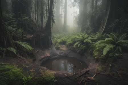 gloomy and misty sinkhole forest with towering trees, created with generative aiの素材