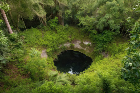 overgrown sinkhole surrounded by lush greenery and trees, created with generative aiの素材