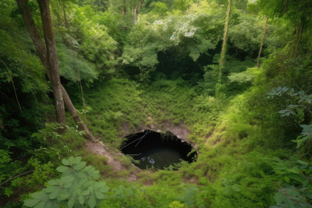 overgrown sinkhole surrounded by lush greenery and trees, created with generative aiの素材