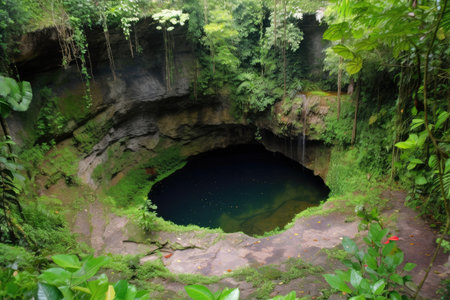 sinkhole with exposed underground streams and waterfalls, surrounded by lush greenery, created with generative aiの素材