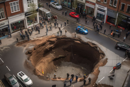 sinkhole opening up in busy city street, with cars and people running for their lives, created with generative aiの素材