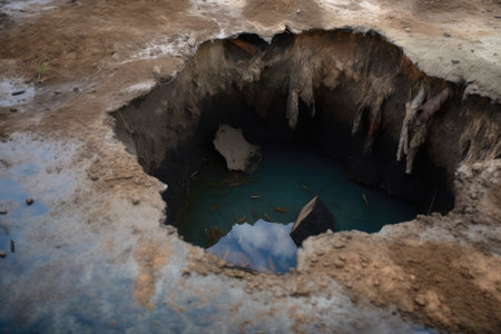 extreme close-up of sinkhole, with water and debris visible, created with generative aiの素材
