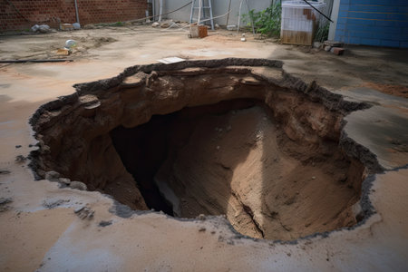 sinkhole forming in dirt floor, with the edges of the hole crumbling away, created with generative aiの素材