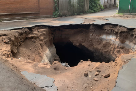 sinkhole forming in dirt floor, with the edges of the hole crumbling away, created with generative aiの素材