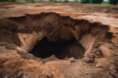 sinkhole forming in dirt floor, with the edges of the hole crumbling away, created with generative aiの素材
