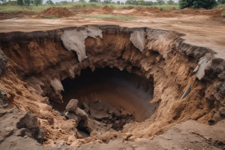 sinkhole forming in dirt floor, with the edges of the hole crumbling away, created with generative aiの素材