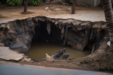 close-up of sinkhole with water and debris trickling into it, created with generative aiの素材