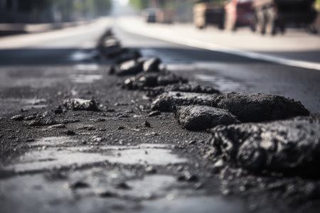 close-up of fresh asphalt, ready for traffic, created with generative aiの素材