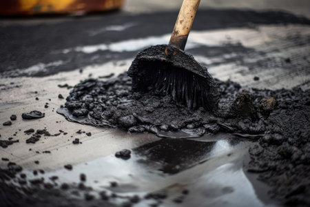 close-up of a pothole being filled with fresh asphalt mix, created with generative aiの素材