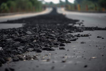 close-up of road surface repair with layers of new asphalt, gravel and aggregate visible, created with generative aiの素材