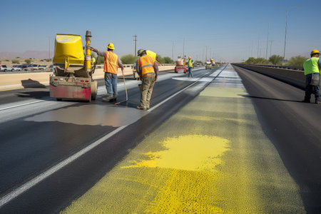 road crew, restacking and repainting lane lines on busy highway, created with generative aiの素材