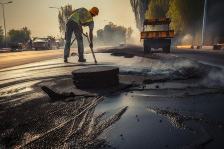 highway crew, fixing potholes and cracks in the road surface using hot asphalt, created with generative aiの素材
