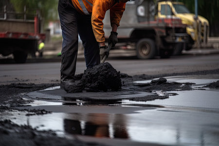 worker, fixing pothole with hot asphalt mixture, created with generative aiの素材