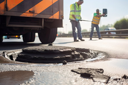 pothole being fixed with new road surface piece being placed over the hole, created with generative aiの素材
