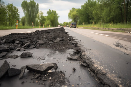 road surface being patched with fresh asphalt after storm damage, created with generative aiの素材