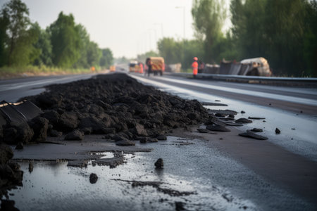 road surface being patched with fresh asphalt after storm damage, created with generative aiの素材
