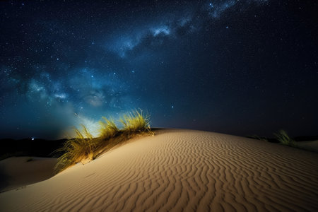 sand dune with starry night sky and shooting stars in the background, created with generative aiの素材