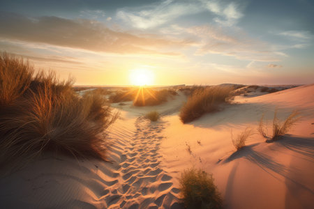 sand dunes with sunset in the background, creating a stunning visual, created with generative aiの素材