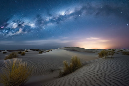 sand dunes with a starry sky in the background, forming a serene and tranquil scene, created with generative aiの素材