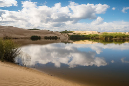 sand dunes surrounding a tranquil lake, with reflections of the sky and clouds on the water, created with generative aiの素材