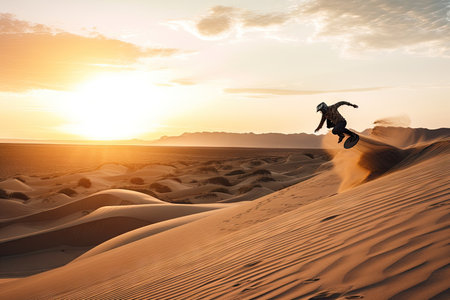 sandboarder taking flight over rolling dunes, with the sunset in the background, created with generative aiの素材