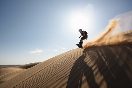extreme sports enthusiast sliding down sand dune and soaring into the sky, created with generative aiの素材