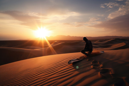 person, riding their sandboard down dune in the desert, with view of the sunset in background, created with generative aiの素材