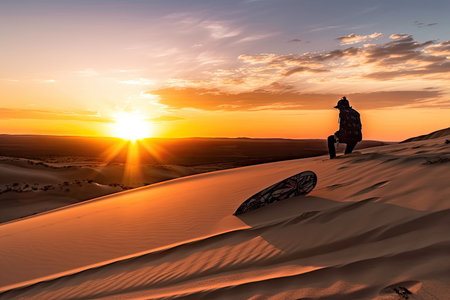 sandboarding with sunset in the background, creating a stunning view, created with generative aiの素材