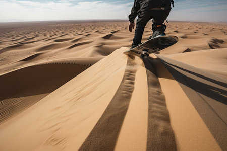 close-up of sandboarder riding down dune, with view of endless desert wilderness in the background, created with generative aiの素材