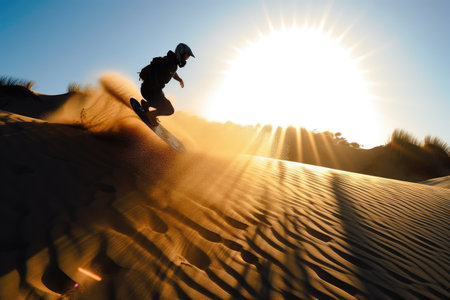 sandboarder flies down the dunes, with the sun in the background, created with generative aiの素材
