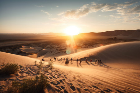 group of people sandboarding down dunes, with sun setting in the background, created with generative aiの素材