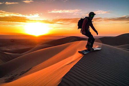 person, riding sandboard down dune with stunning sunset in the background, created with generative aiの素材