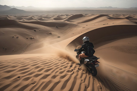 person, riding down sand dune on board, with panoramic view of the desert landscape, created with generative aiの素材