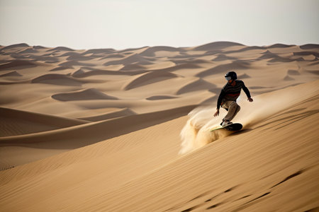 sandboarder riding a wave of sand dunes, with desert in the background, created with generative aiの素材