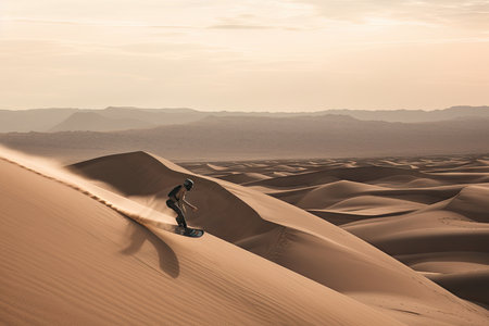 sandboarder riding a wave of sand dunes, with desert in the background, created with generative aiの素材