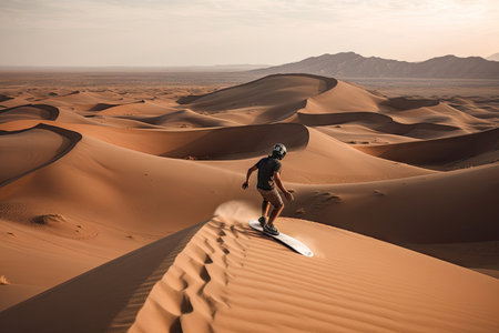person, gliding down the sand dune on their board, with endless desert landscape in the background, created with generative aiの素材