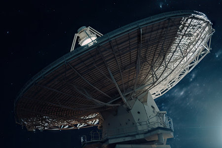 close-up of satellite dish, with its transmission signals reaching out to the stars, created with generative aiの素材