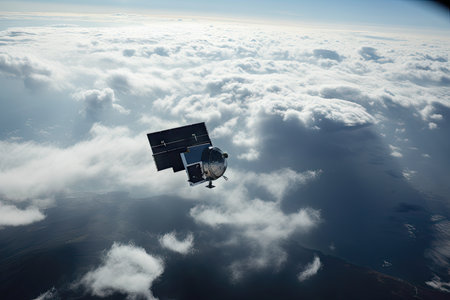 satellite, hovering high above the clouds, with view of sprawling landscape below, created with generative aiの素材